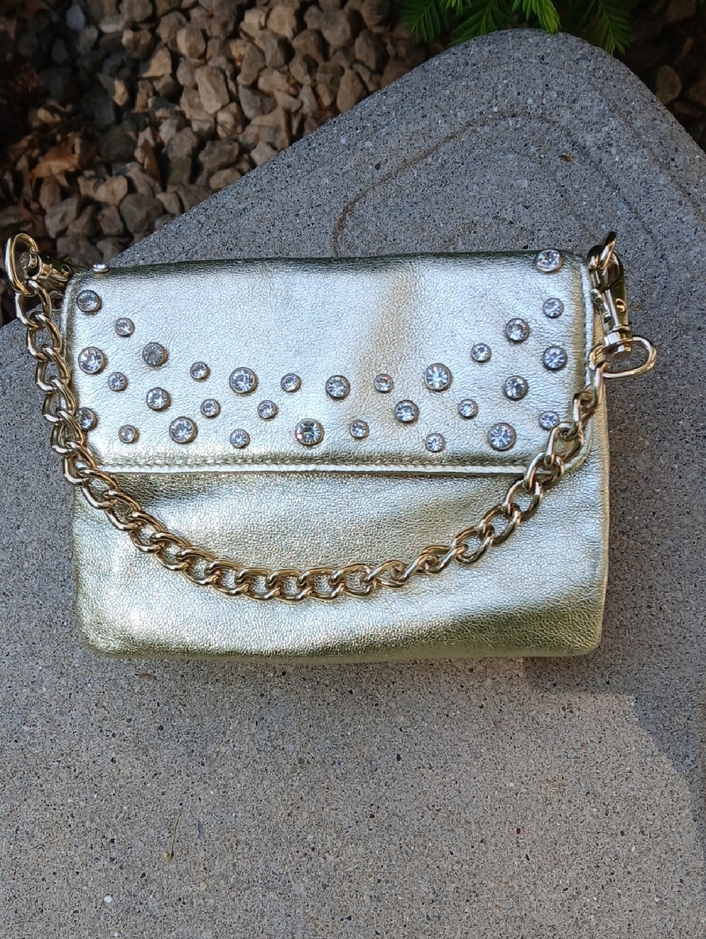 Express genuine leather evening bag adorned with rhinestones and Chain Handle